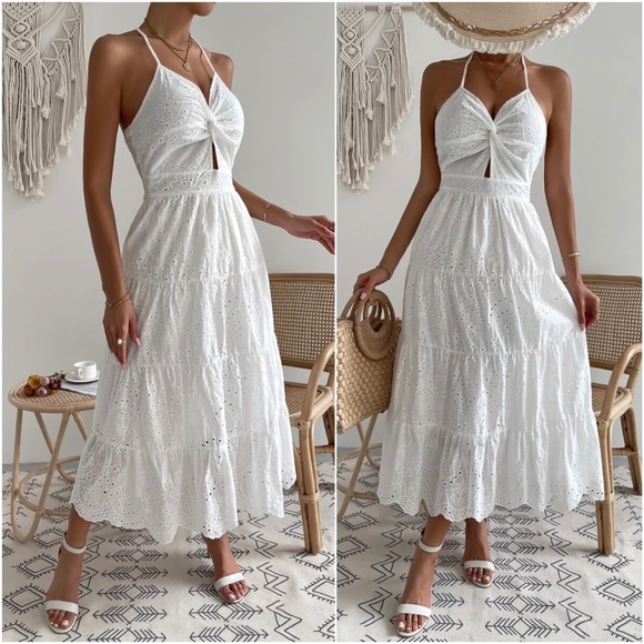 Boho White Floral Eyelet Halter Maxi Dress - Picture 2 of 3
